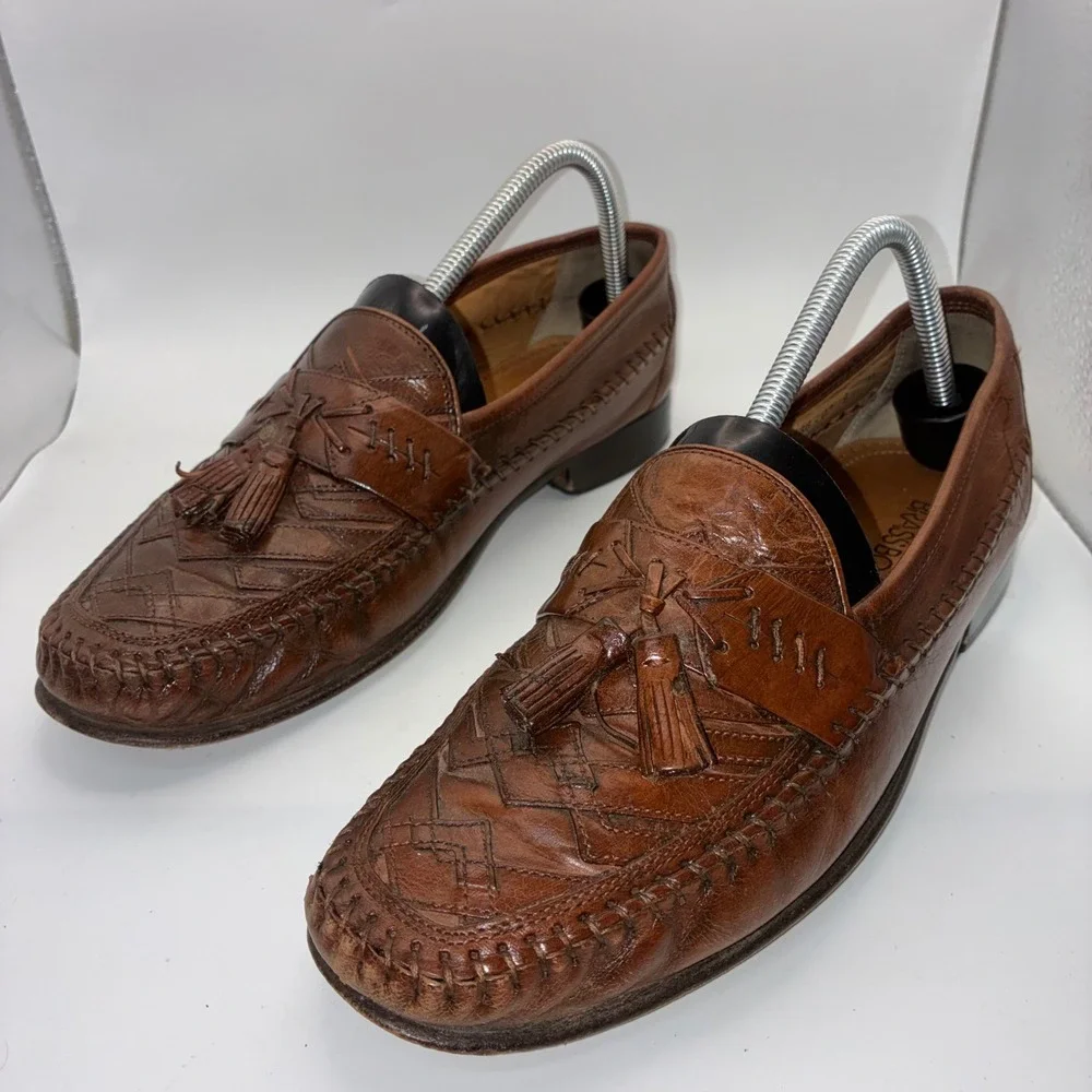 Brass Boot Mens Brown Leather Woven Tassel Loafers Made in Italy‎ Size 9 M